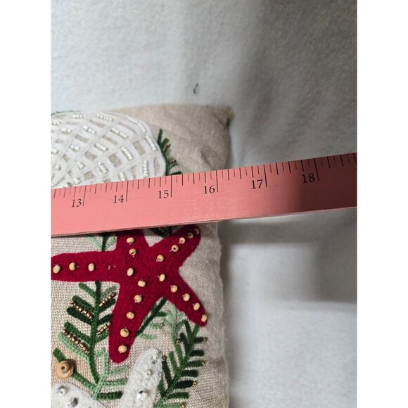 Coastal-Themed Embroidered Linen Throw Pillow with Tassels & Shell Design - Picture 8 of 10